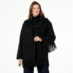 TWRHLL by Christie Brinkley Brushed Faux Melton Jacket Size Small Black Fringe